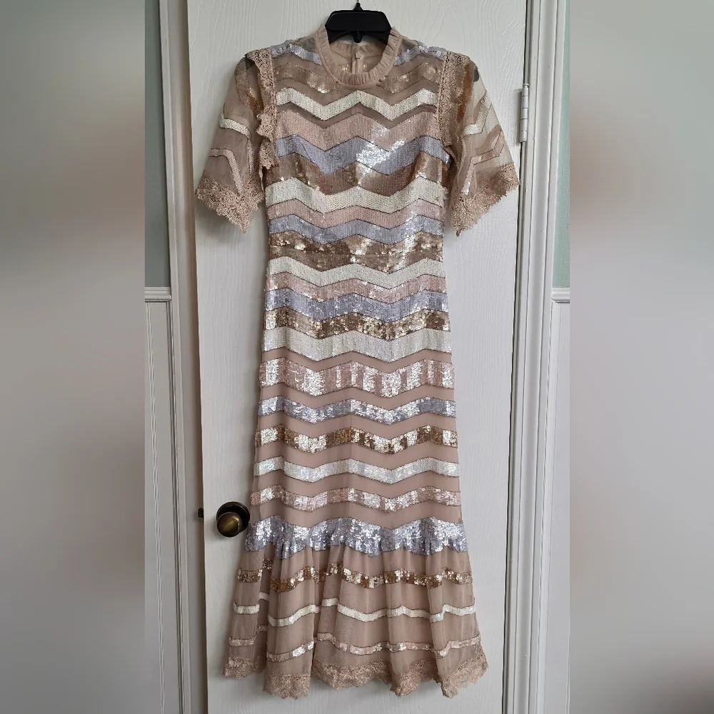 Needle & Thread Sequin Chevron Midi Dress in Gold and Silver - Picture 3 of 12